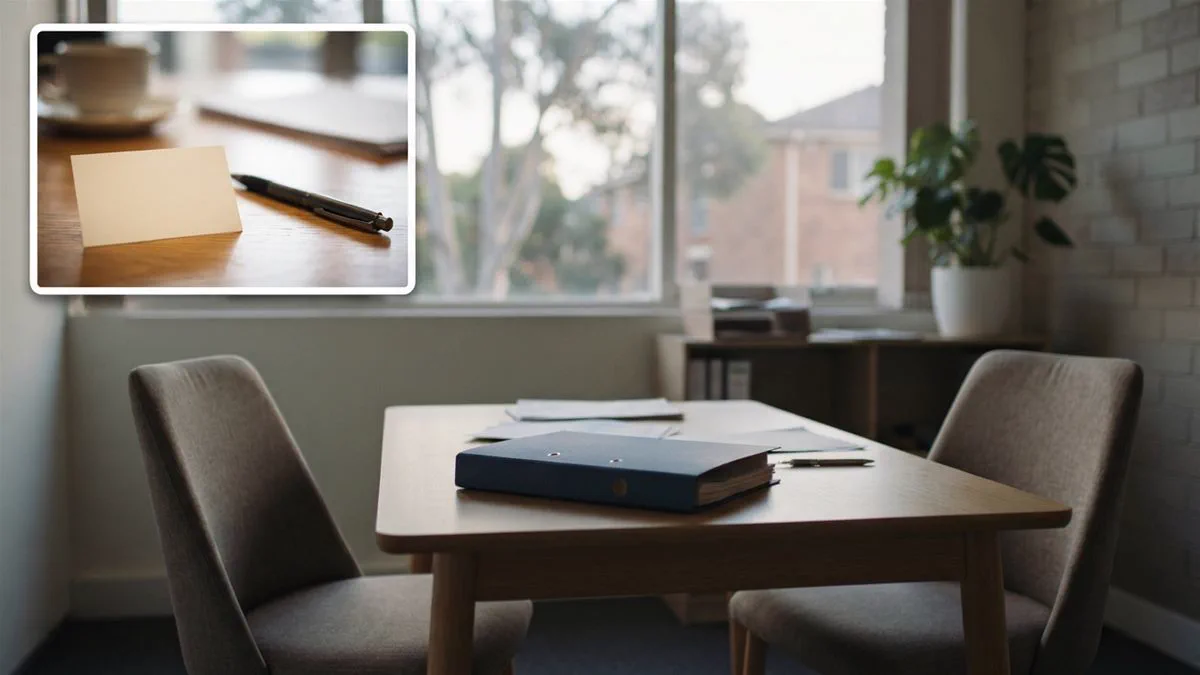 A meeting room with two chairs, a table and a folder of documents, empty and lit by daylight.